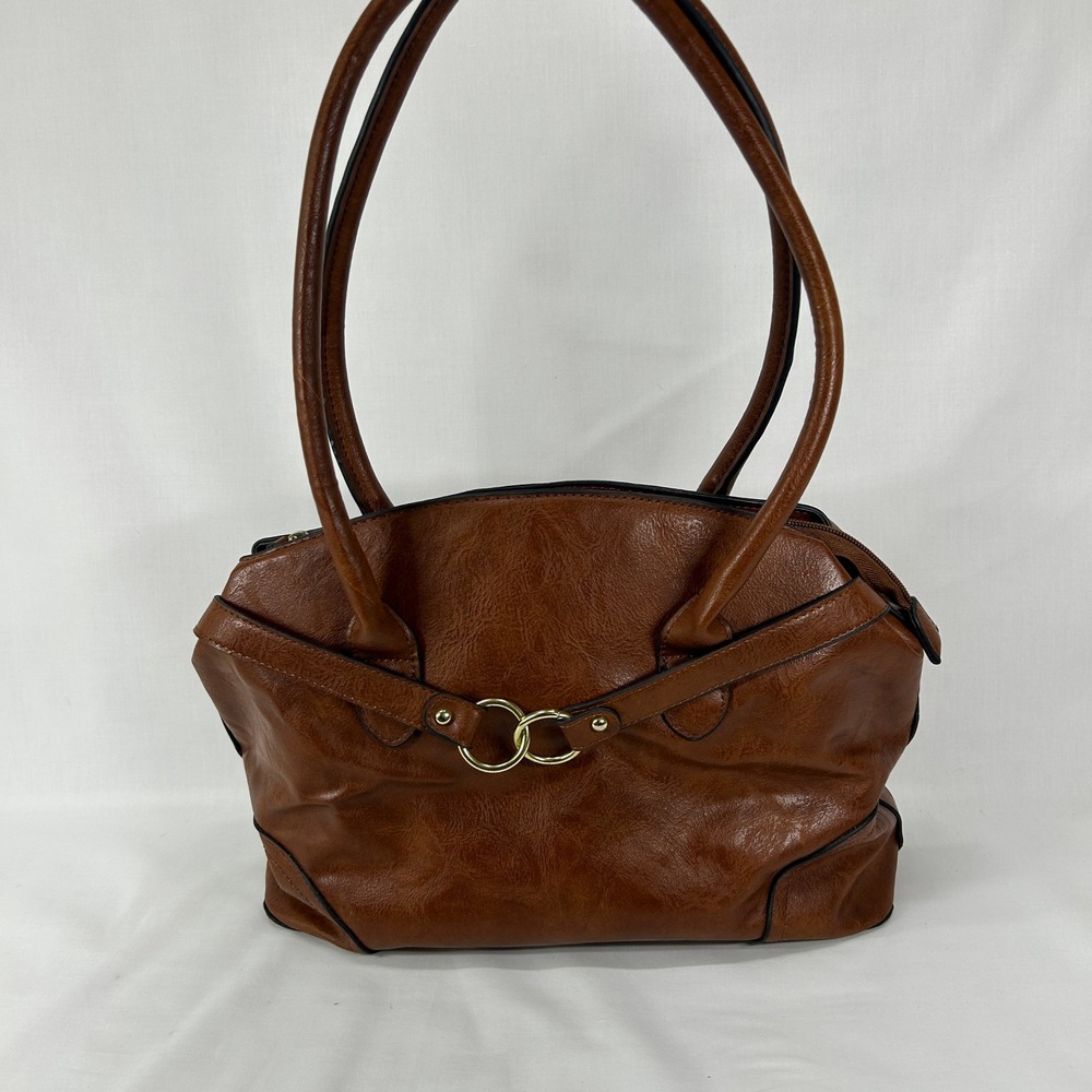Y2K Brown Faux Leather Shoulder Bag Retro Satchel Handbag With Gold Accent